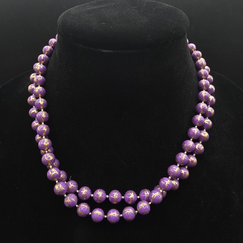 Purple Gold Tone Paint Splatter Necklace Beaded Plastic 1980s Pair of Two Layer
